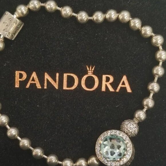 Pandora Silver Beaded Bracelet with Blue Crystal Charm - Picture 1 of 6